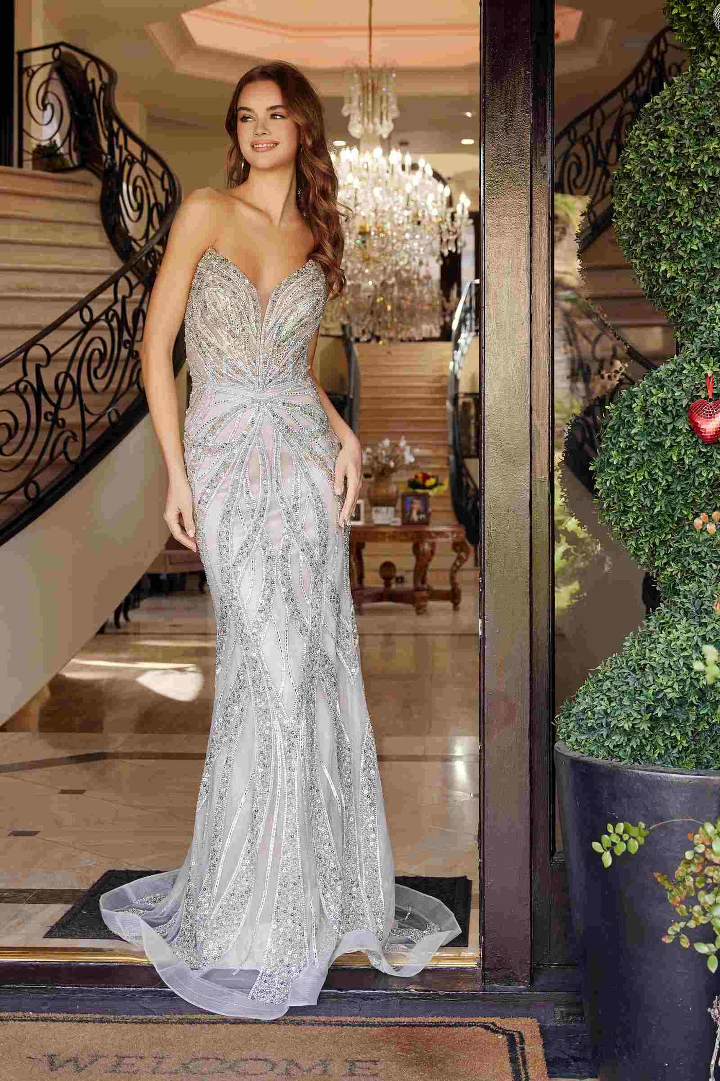 Nox Anabel C1833 Strapless Beaded Gown With Peaked Neckline Prom Gown - Glamourous Grace