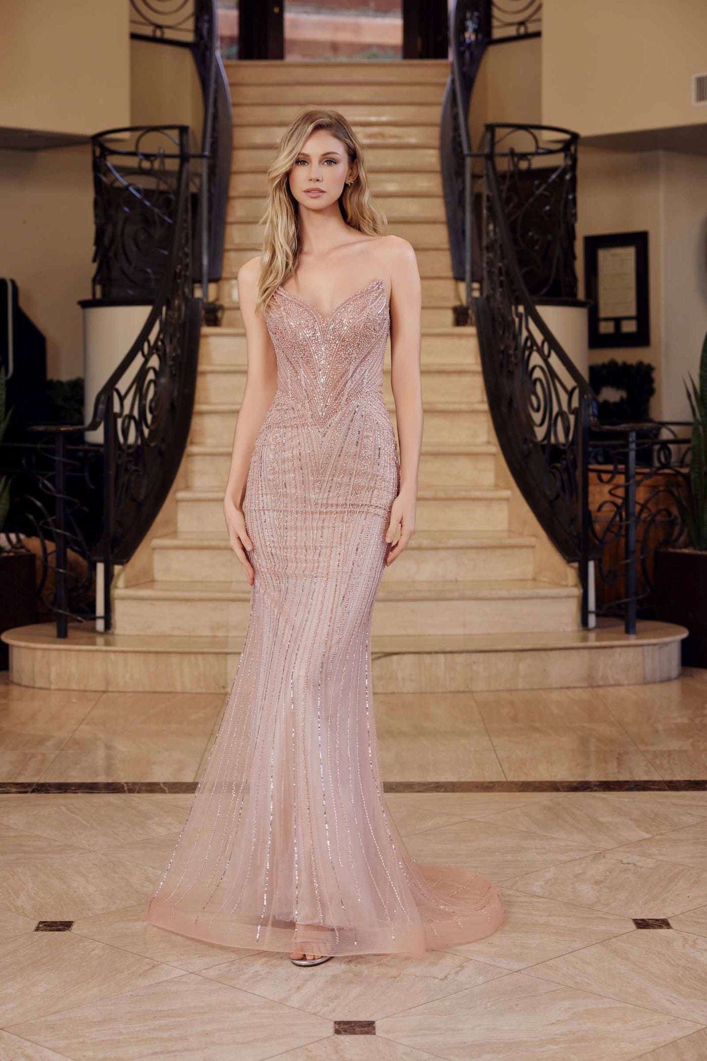 Nox Anabel C1844 Strapless Beaded Tulle Prom Gown Peaked Neckline - Glamourous Grace