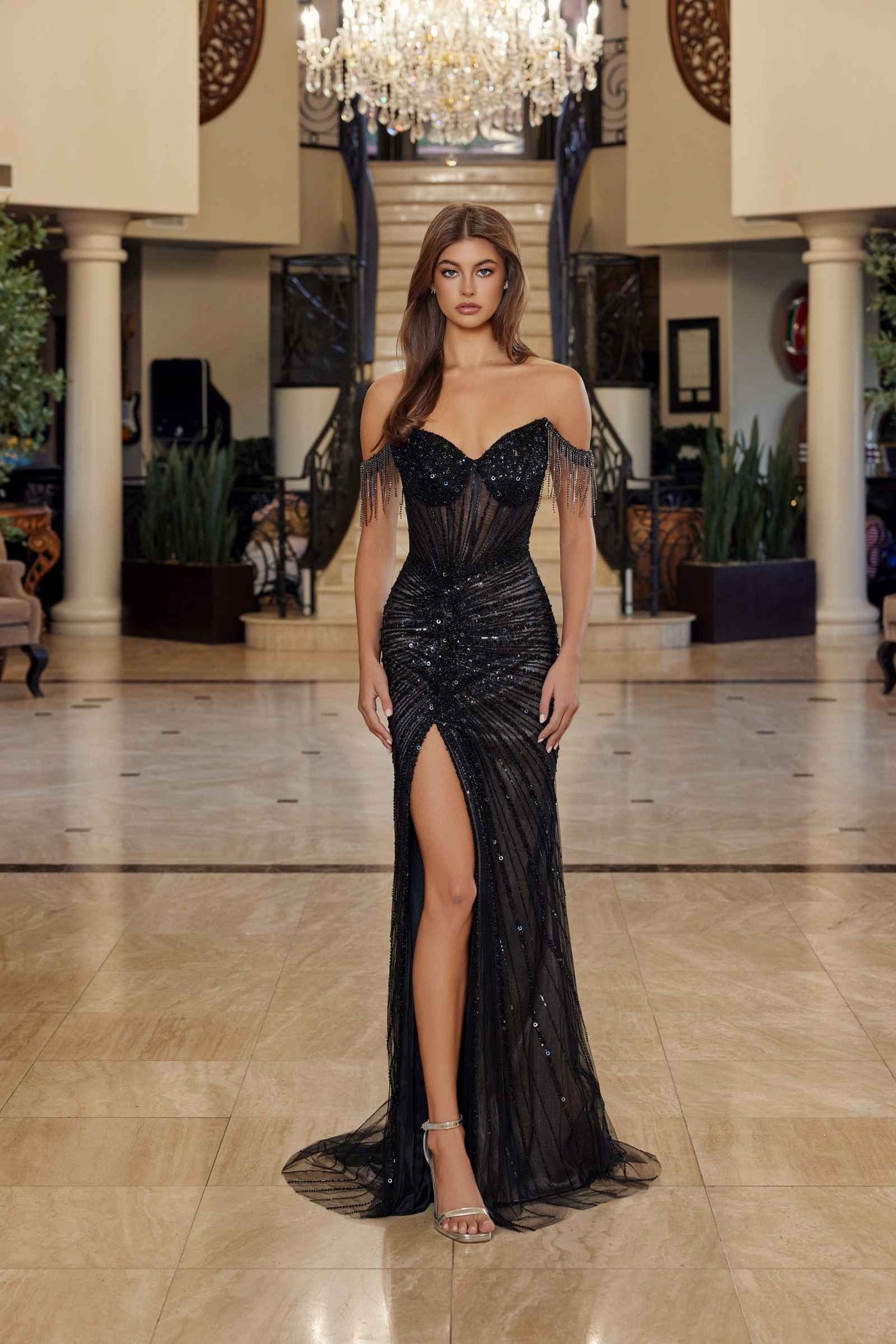 Nox Anabel C1850 Off Shoulder Fully Beaded Fitted Prom Gown - Glamourous Grace