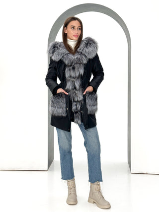 Roma Genuine Silver Fox Fur Rabbit Fur Insulated Parka in Black