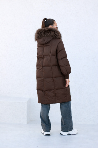 Lauren Genuine Fur Trim Down Fill Coat in Chocolate