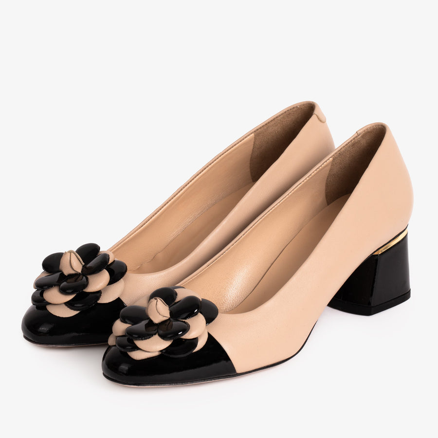 The Diva Beige Leather Cap Toe Block Heel Pump Women Shoe - Glamourous Grace