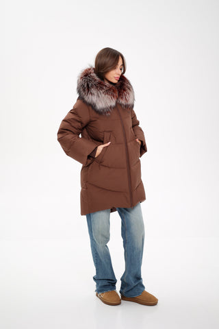 Tyler Genuine Silver Fox Down Coat in Chocolate
