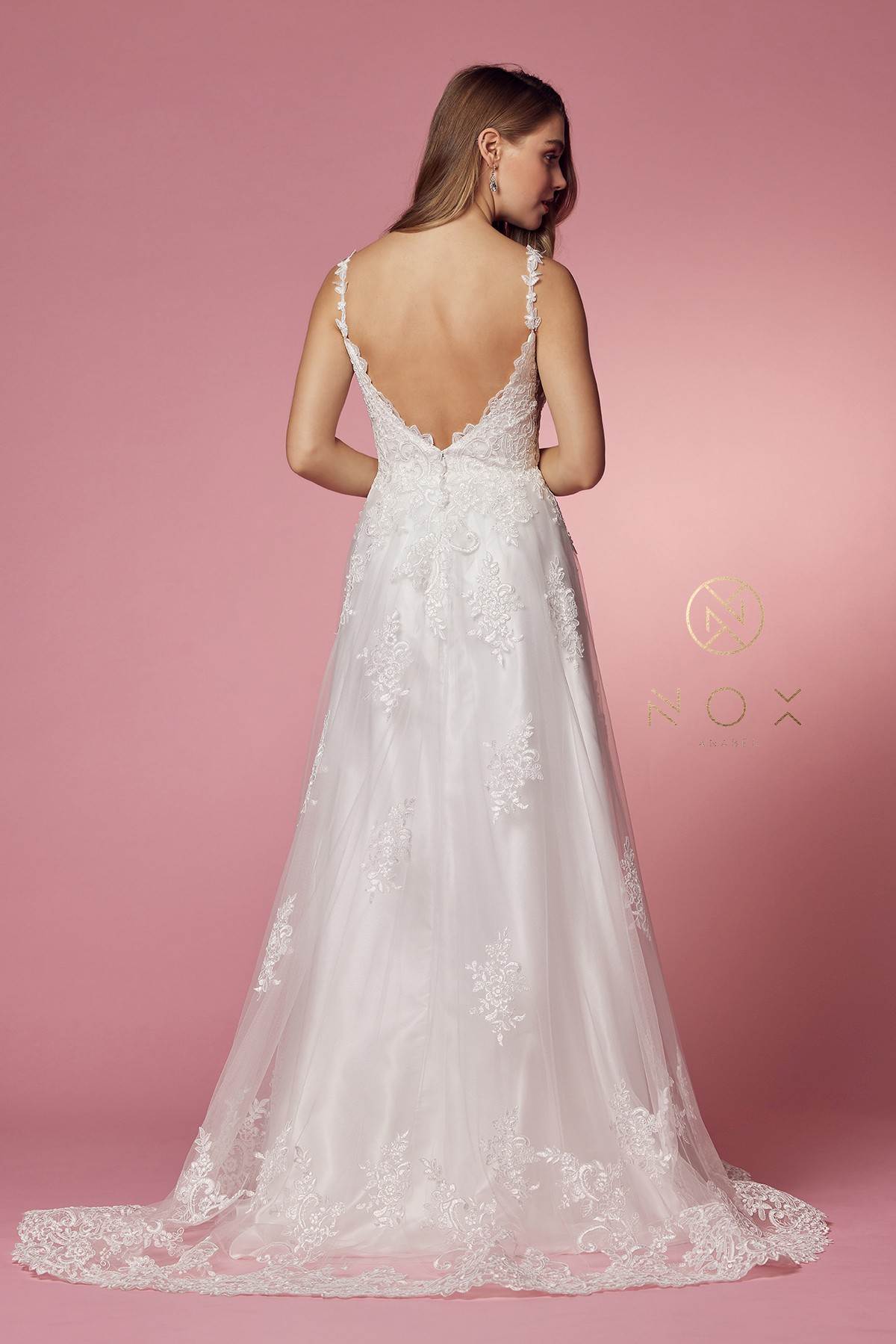Nox Anabel C461 A-Line V-Neck Side Cutout Lace Strap Ball Gown - Glamourous Grace