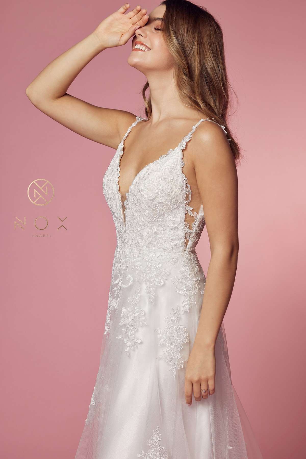 Nox Anabel C461 A-Line V-Neck Side Cutout Lace Strap Ball Gown - Glamourous Grace