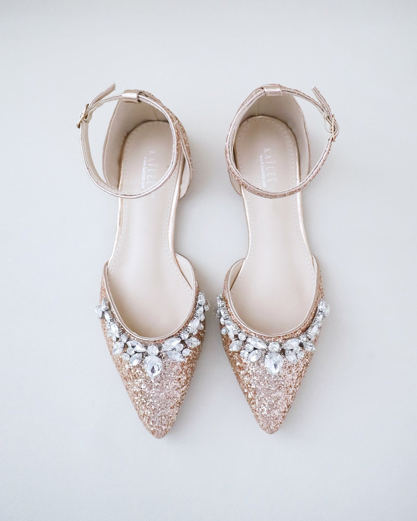 Pointy Toe Glitter Ankle Strap Flats with Teardrop Rhinestones - Glamourous Grace