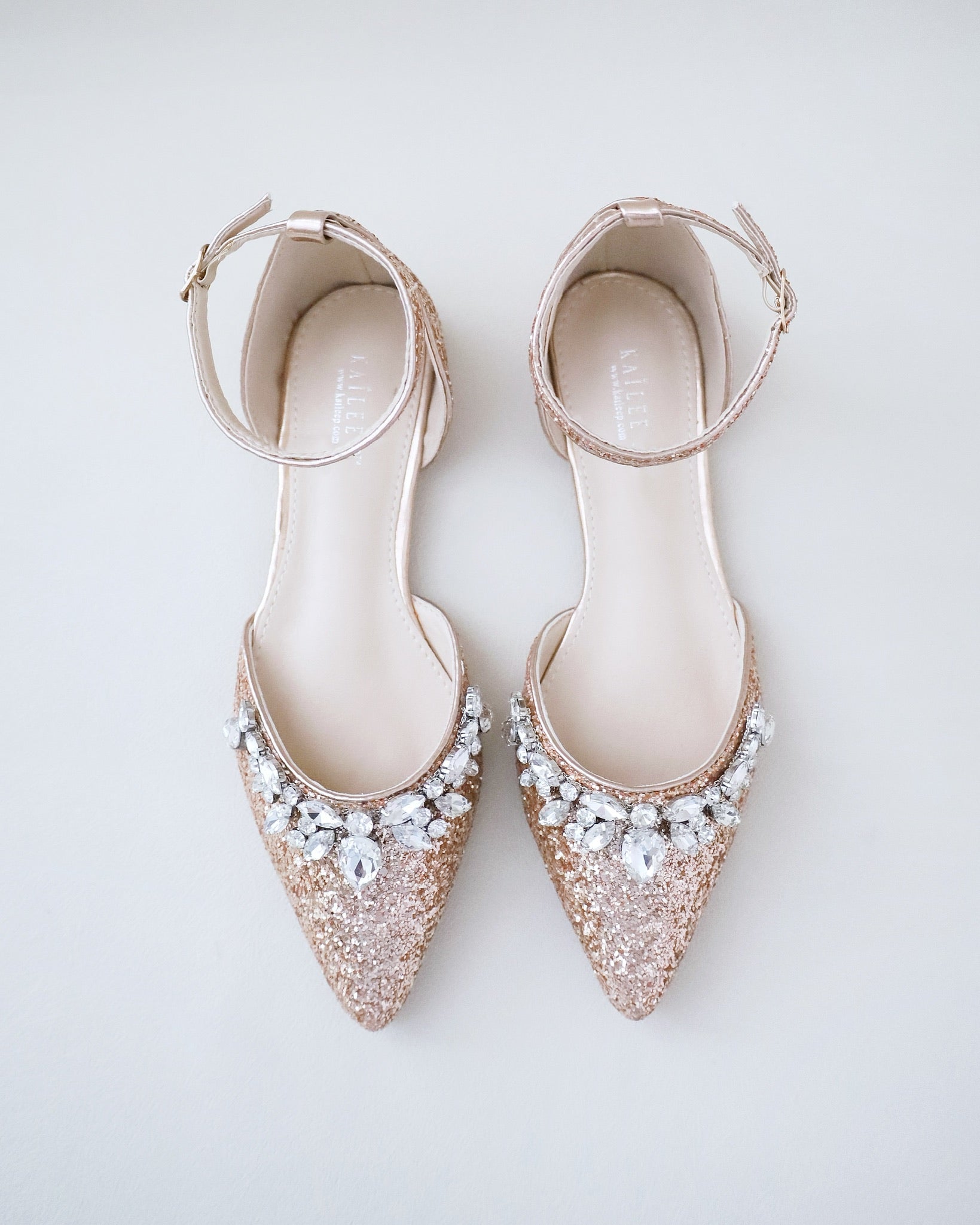 Pointy Toe Glitter Ankle Strap Flats with Teardrop Rhinestones