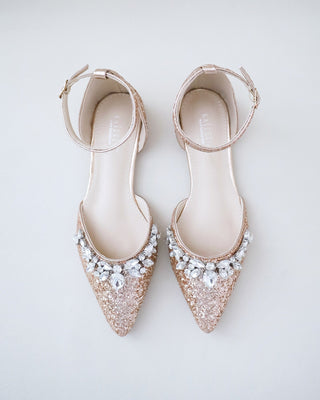 Pointy Toe Glitter Ankle Strap Flats with Teardrop Rhinestones