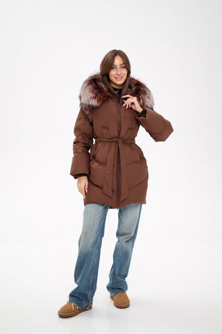 Tyler Genuine Silver Fox Down Coat in Chocolate