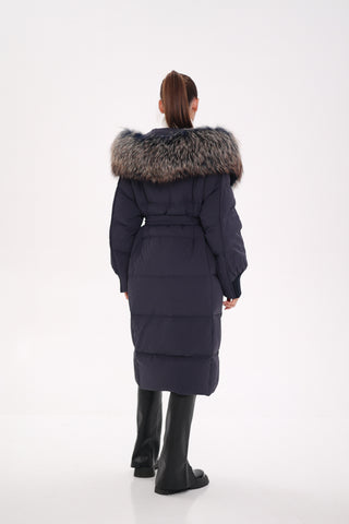 Rei Genuine Fur Trim Hooded Down Coat in Navy