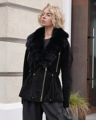 Vivienne Genuine Suede Polar Fox Trim Coat in Black