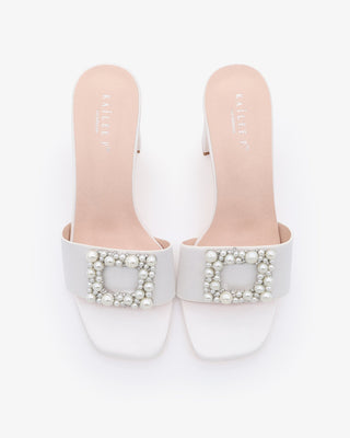 Satin Block Heels Slide Wedding Sandals with Pearlisse Buckle