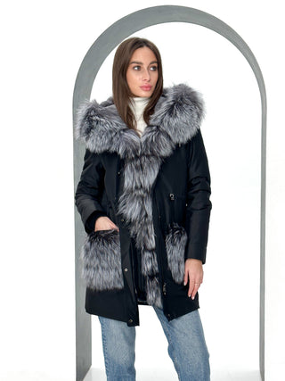 Roma Genuine Silver Fox Fur Rabbit Fur Insulated Parka in Black