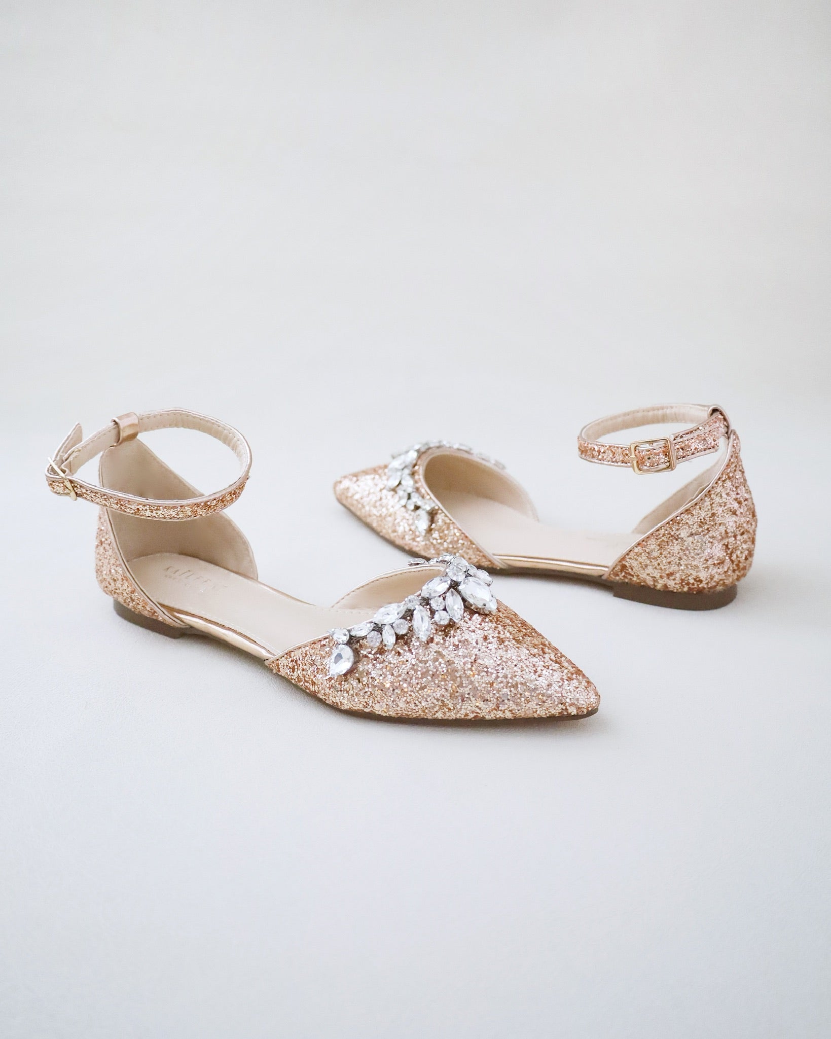Pointy Toe Glitter Ankle Strap Flats with Teardrop Rhinestones