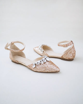 Pointy Toe Glitter Ankle Strap Flats with Teardrop Rhinestones