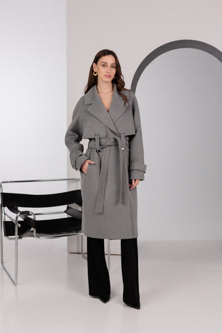 Karina Belted Wool Cashmere Blend Overcoat in Grey