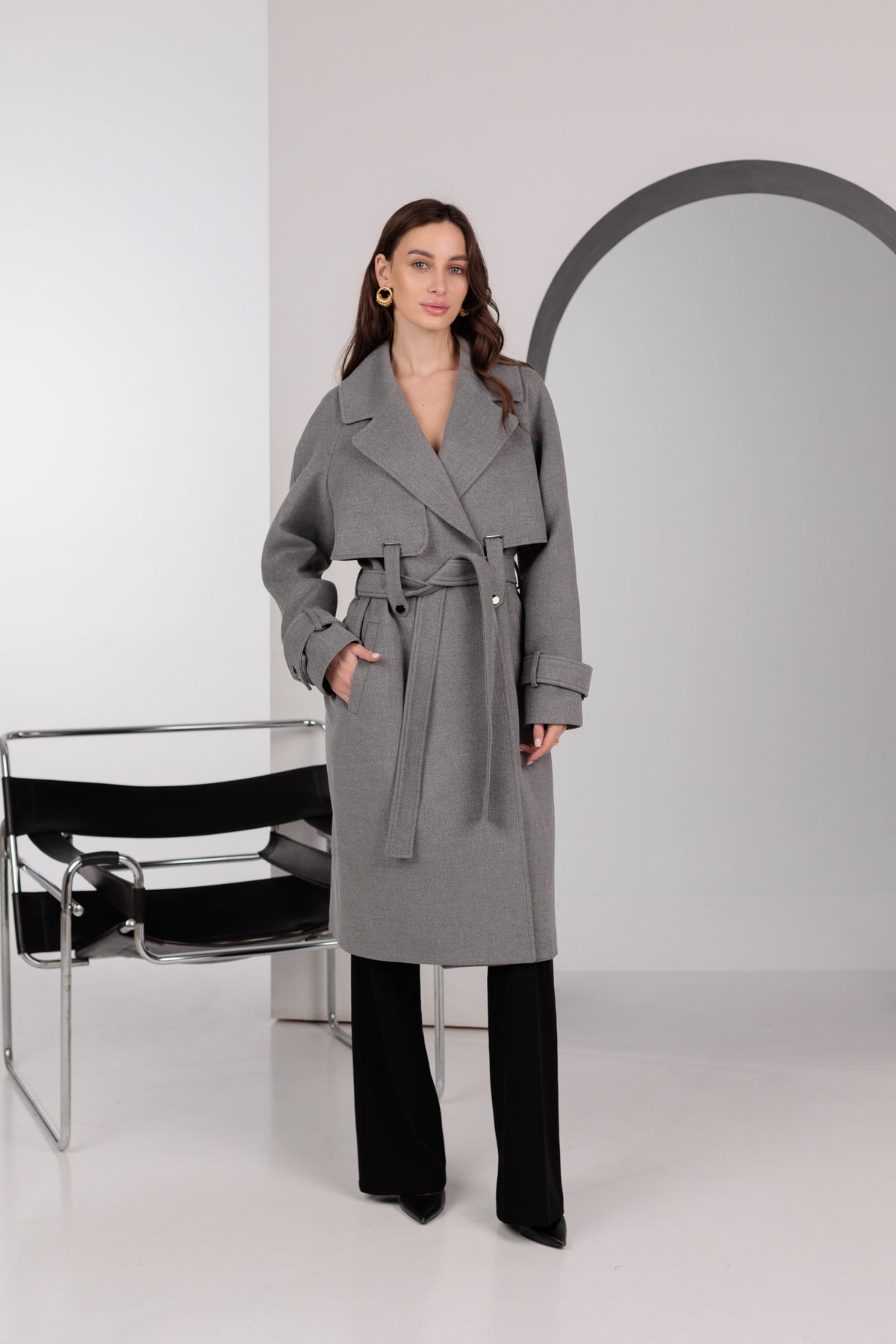 Karina Belted Wool Cashmere Blend Overcoat in Grey