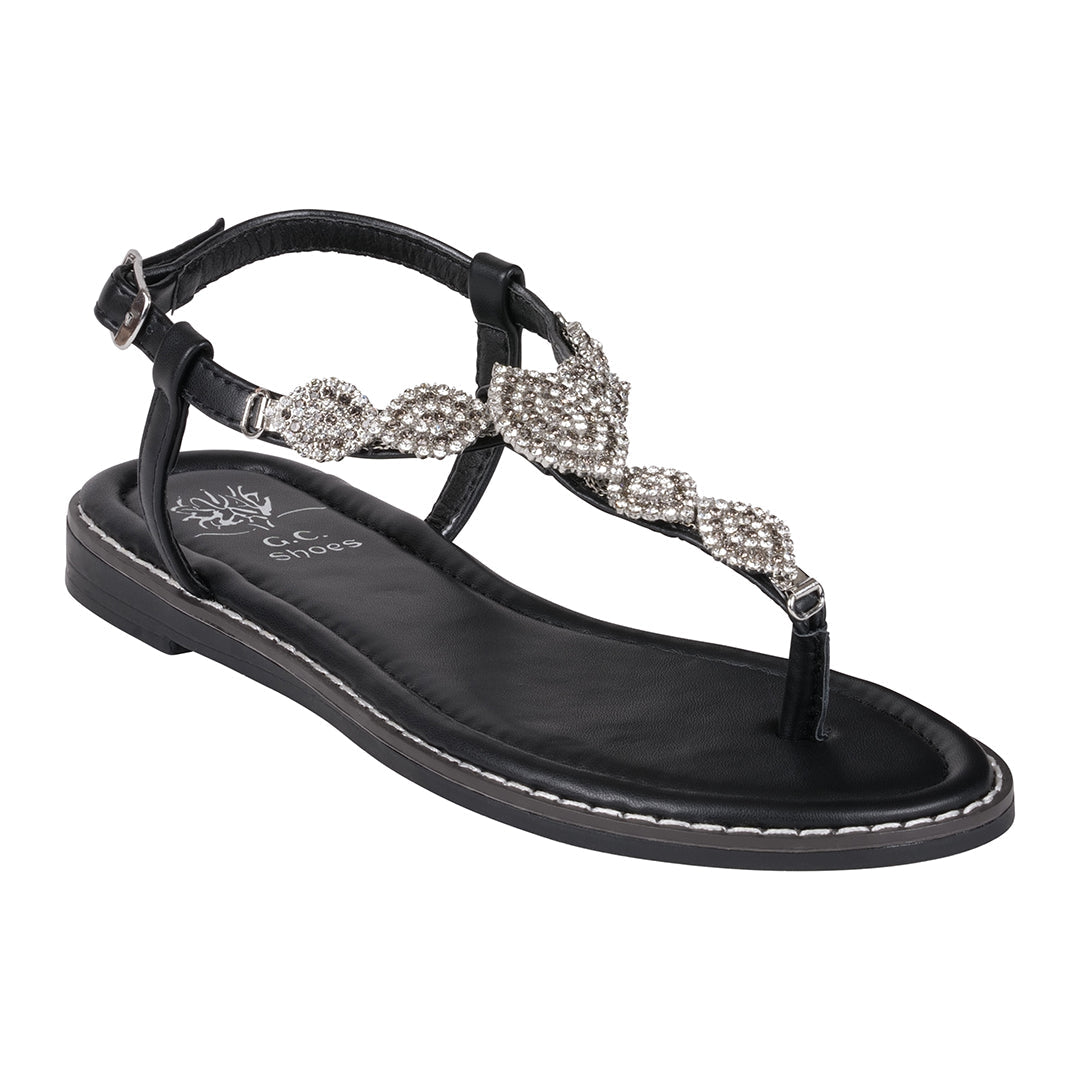 Cali Black Jeweled T-Strap Slingback Flat Sandals - Glamourous Grace