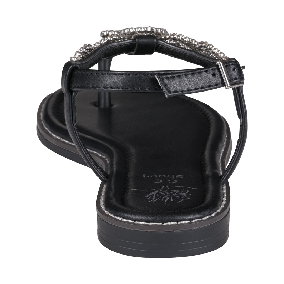 Cali Black Jeweled T-Strap Slingback Flat Sandals - Glamourous Grace