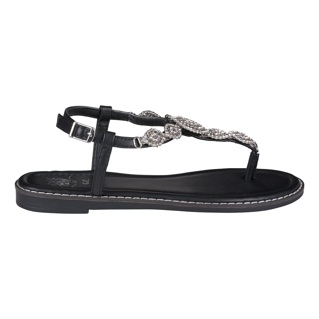 Cali Black Jeweled T-Strap Slingback Flat Sandals - Glamourous Grace