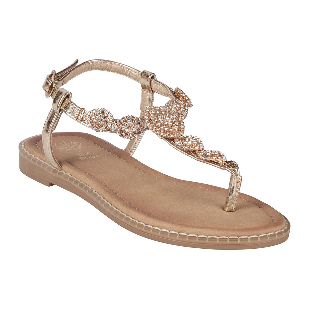 Cali Gold Jeweled T-Strap Slingback Flat Sandals - Glamourous Grace