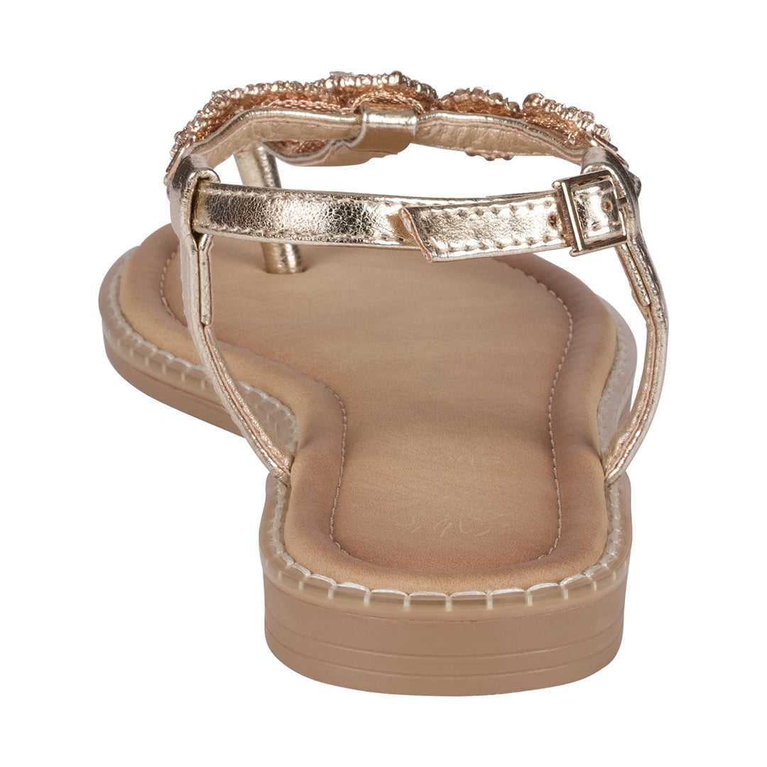 Cali Gold Jeweled T-Strap Slingback Flat Sandals - Glamourous Grace