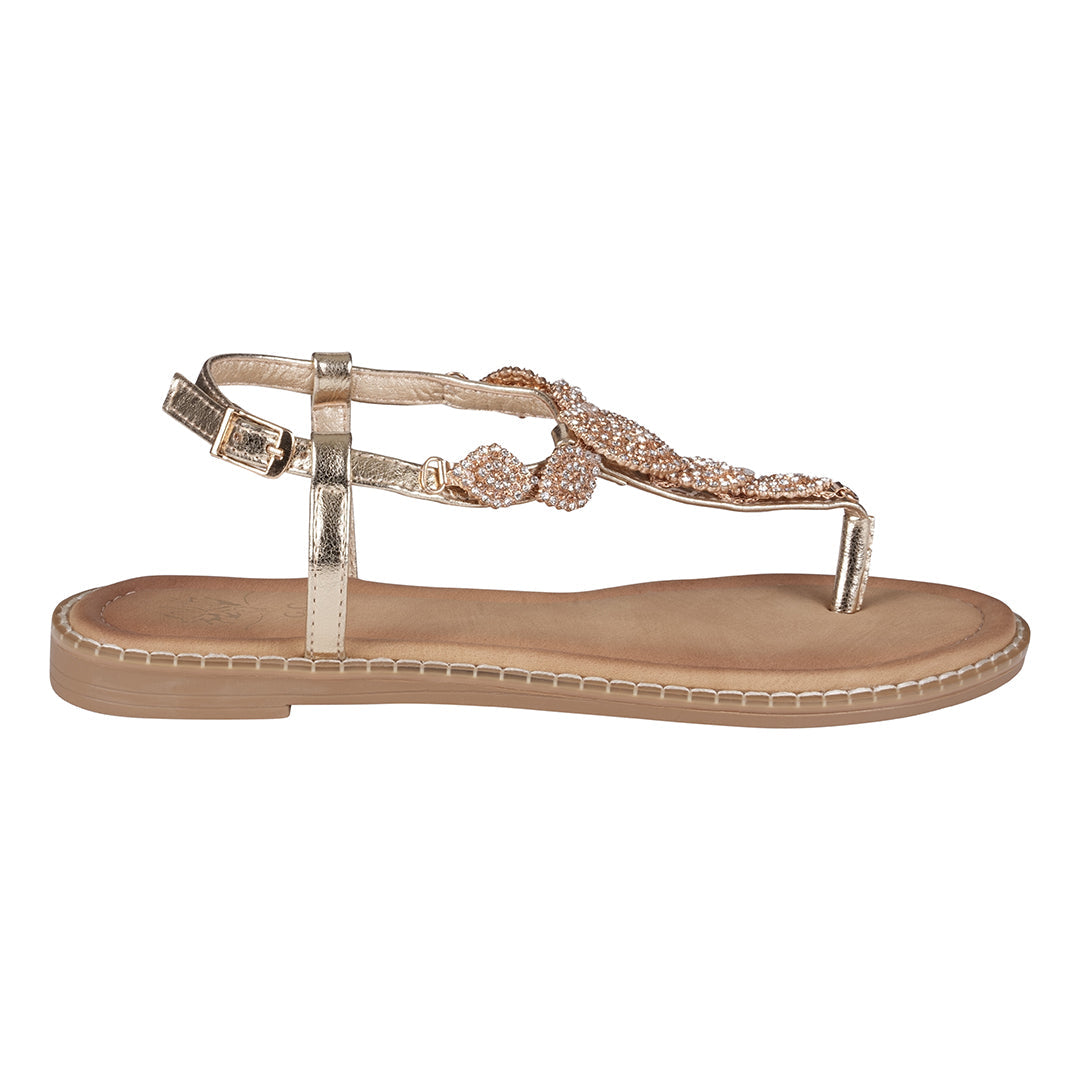 Cali Gold Jeweled T-Strap Slingback Flat Sandals - Glamourous Grace