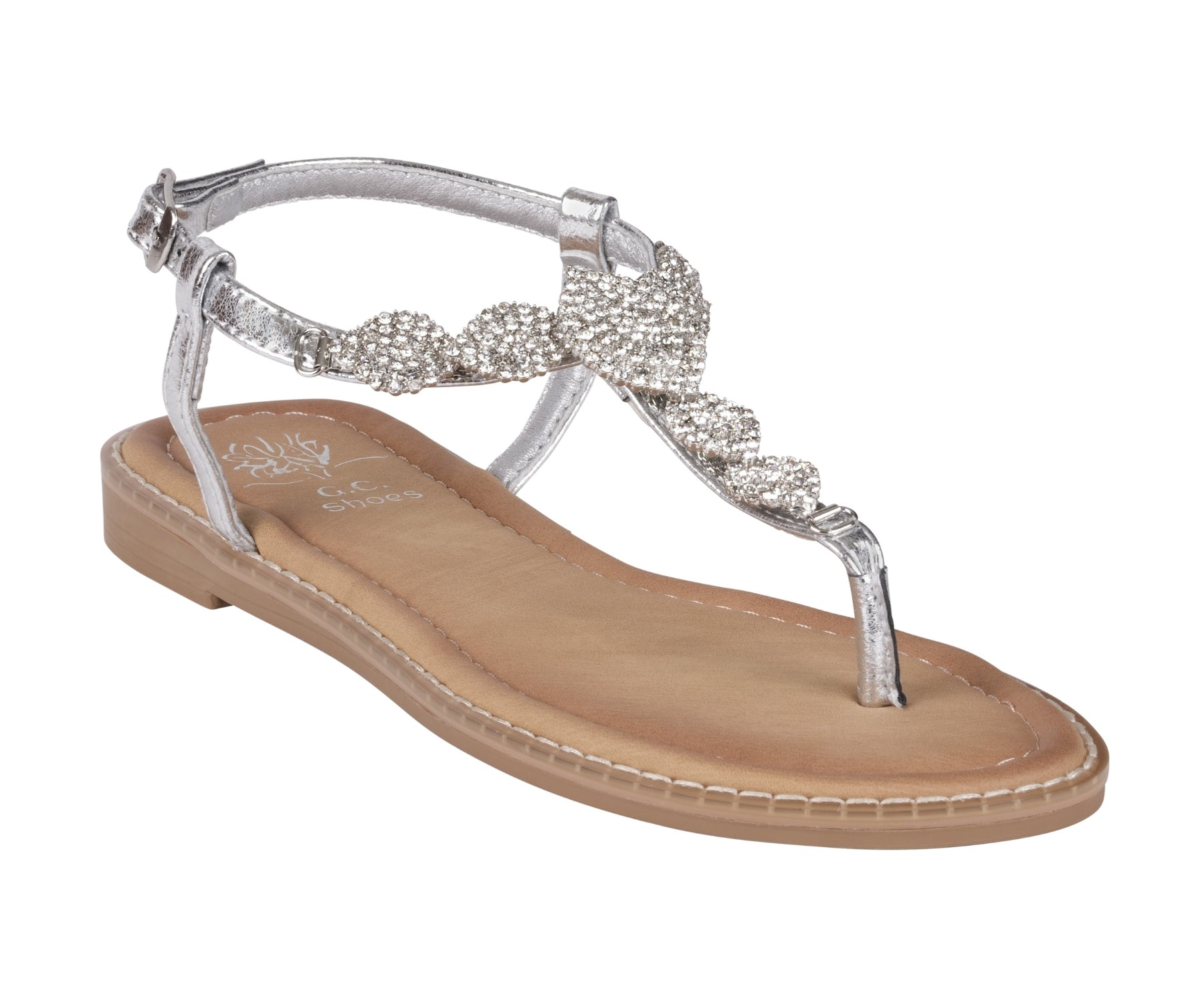Cali Silver Jeweled T-Strap Slingback Flat Sandals - Glamourous Grace
