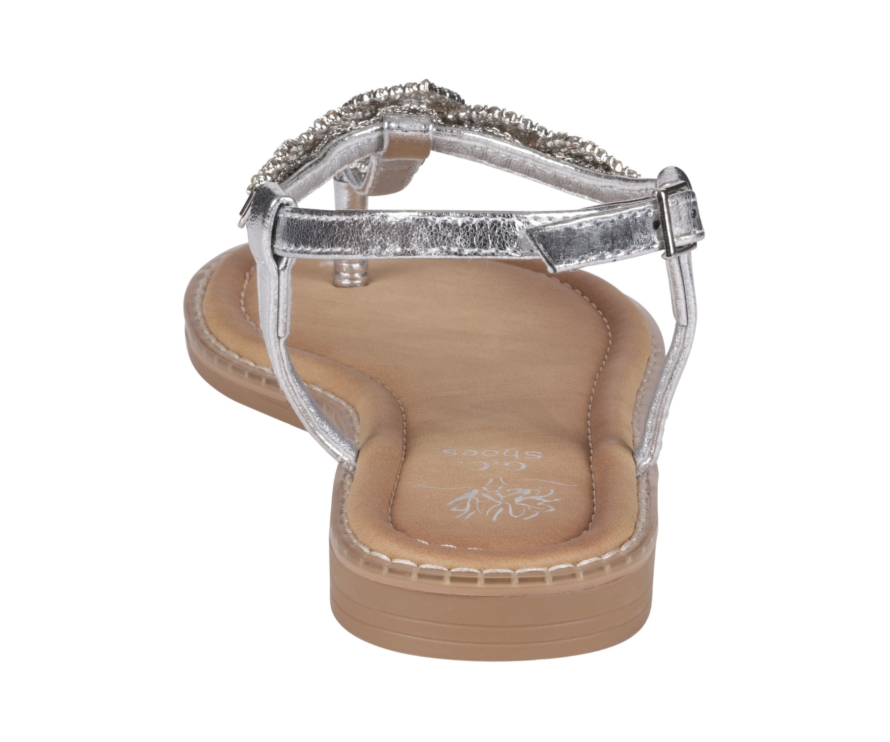 Cali Silver Jeweled T-Strap Slingback Flat Sandals - Glamourous Grace