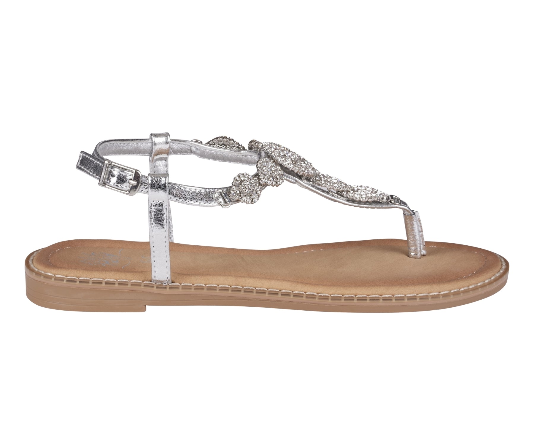 Cali Silver Jeweled T-Strap Slingback Flat Sandals - Glamourous Grace