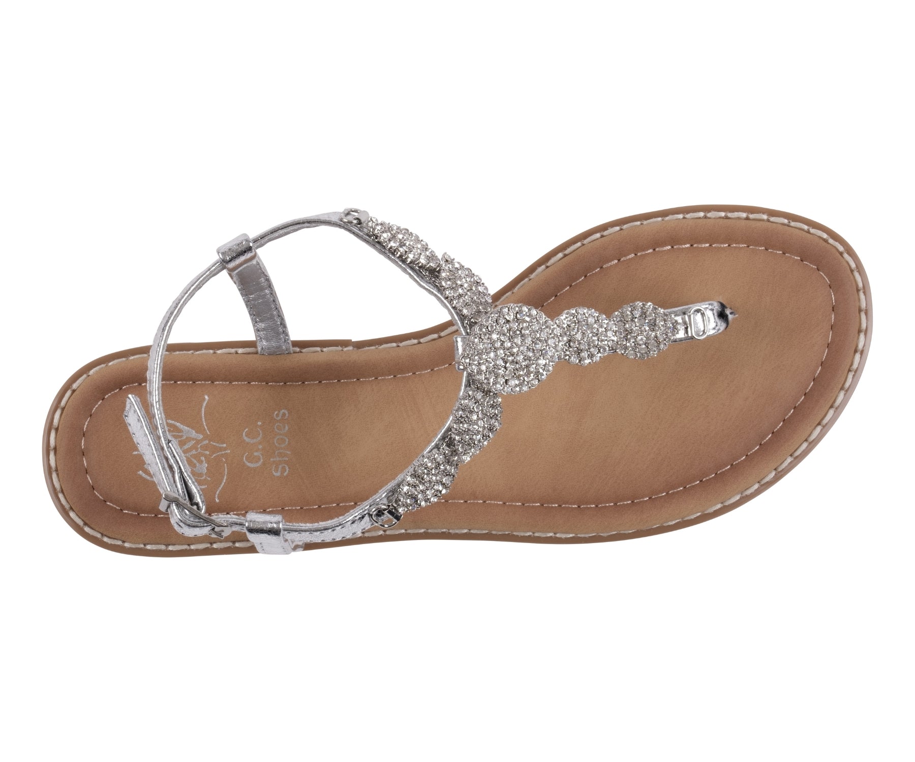 Cali Silver Jeweled T-Strap Slingback Flat Sandals - Glamourous Grace