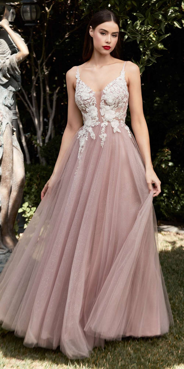 Cinderella Divine CB075 Long Floral A-Line Tulle Gown - Glamourous Grace