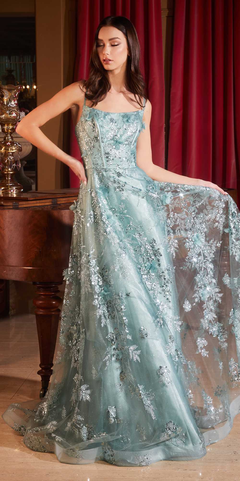 Ladivine CB144 Long Sequin Floral Printed A-Line Dress - Glamourous Grace