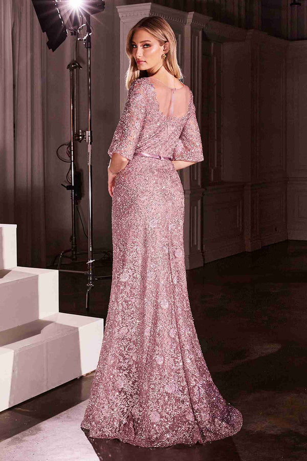 Ladivine CB149 Dress Lace Embellished Bell Sleeve Sheath Gown - Glamourous Grace
