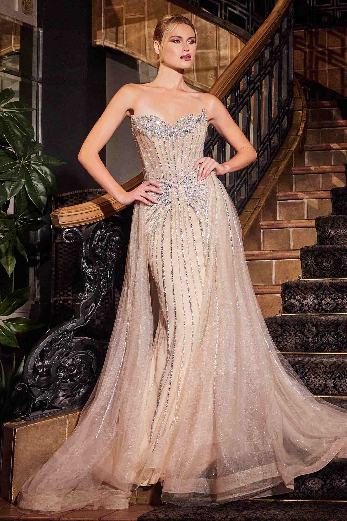 Ladivine CB158 Strapless Crystal Embellished Gown With Overskirt - Glamourous Grace