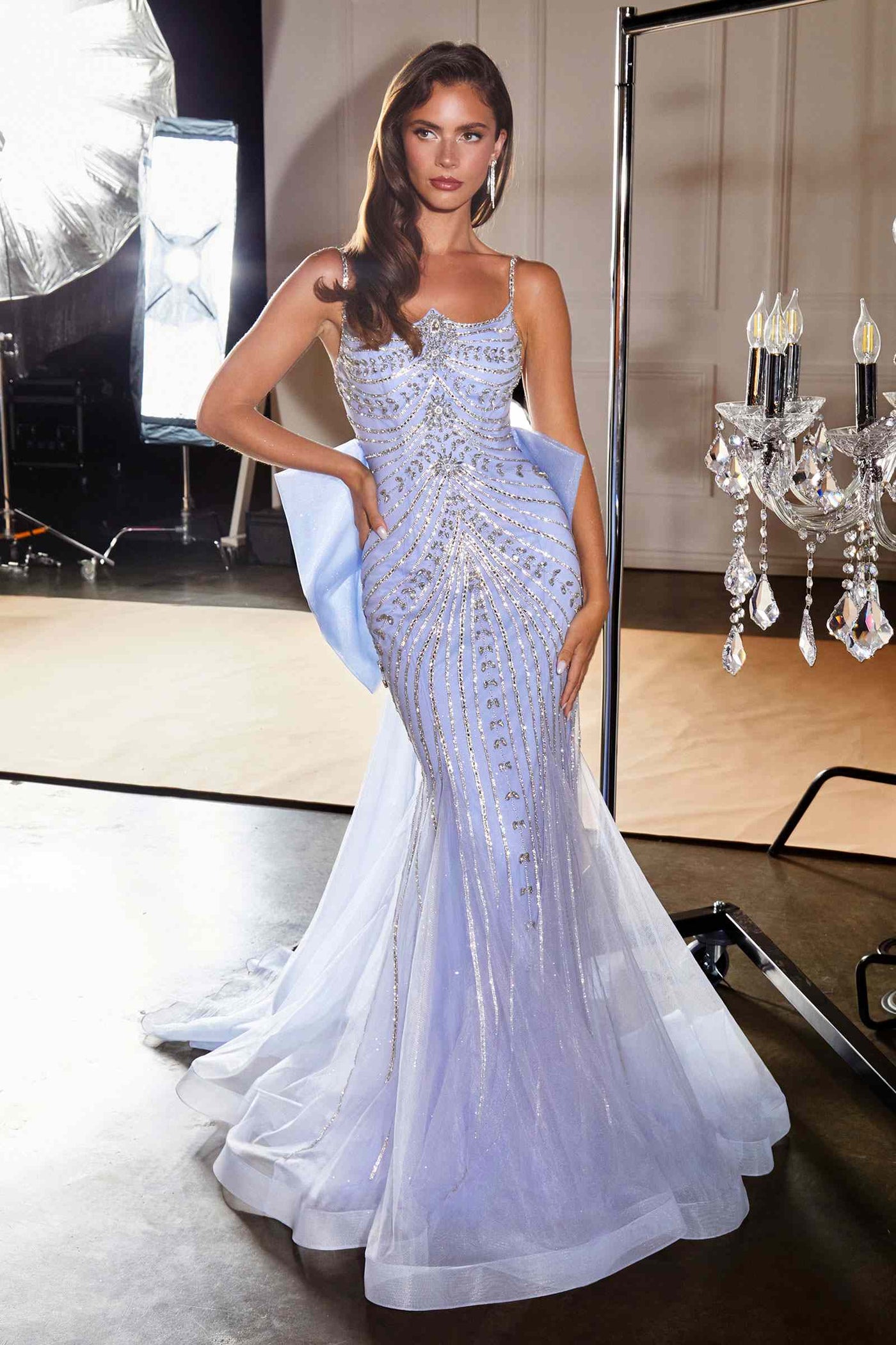 Ladivine CB167 Fitted Radiant Beadwork Scoop Neckline Dress Oversized Bow Train - Glamourous Grace