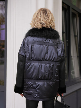 Audrey Genuine Lamb Leather Fox Fur Down Coat in Dark Sapphire