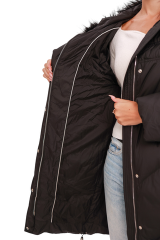 Nellie Genuine Fur Trim Down Fill Coat in Black