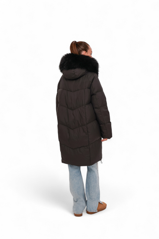 Nellie Genuine Fur Trim Down Fill Coat in Black
