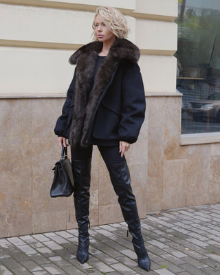Rimini Genuine Fur Trim Wool Blend Parka in Black