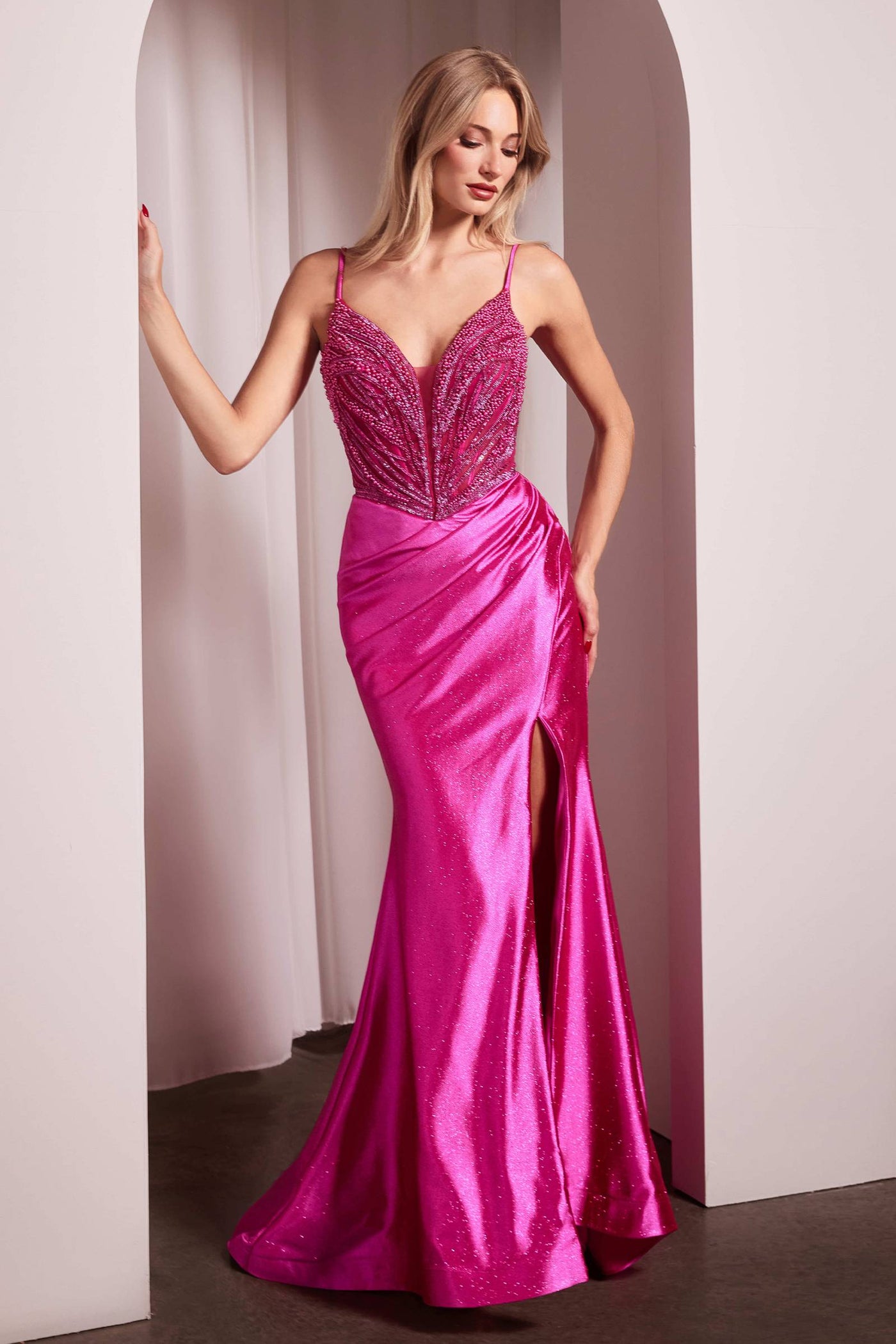 Ladivine CC0238 Dress Pearl Embellished Stretch Satin Glimmering Gown - Glamourous Grace