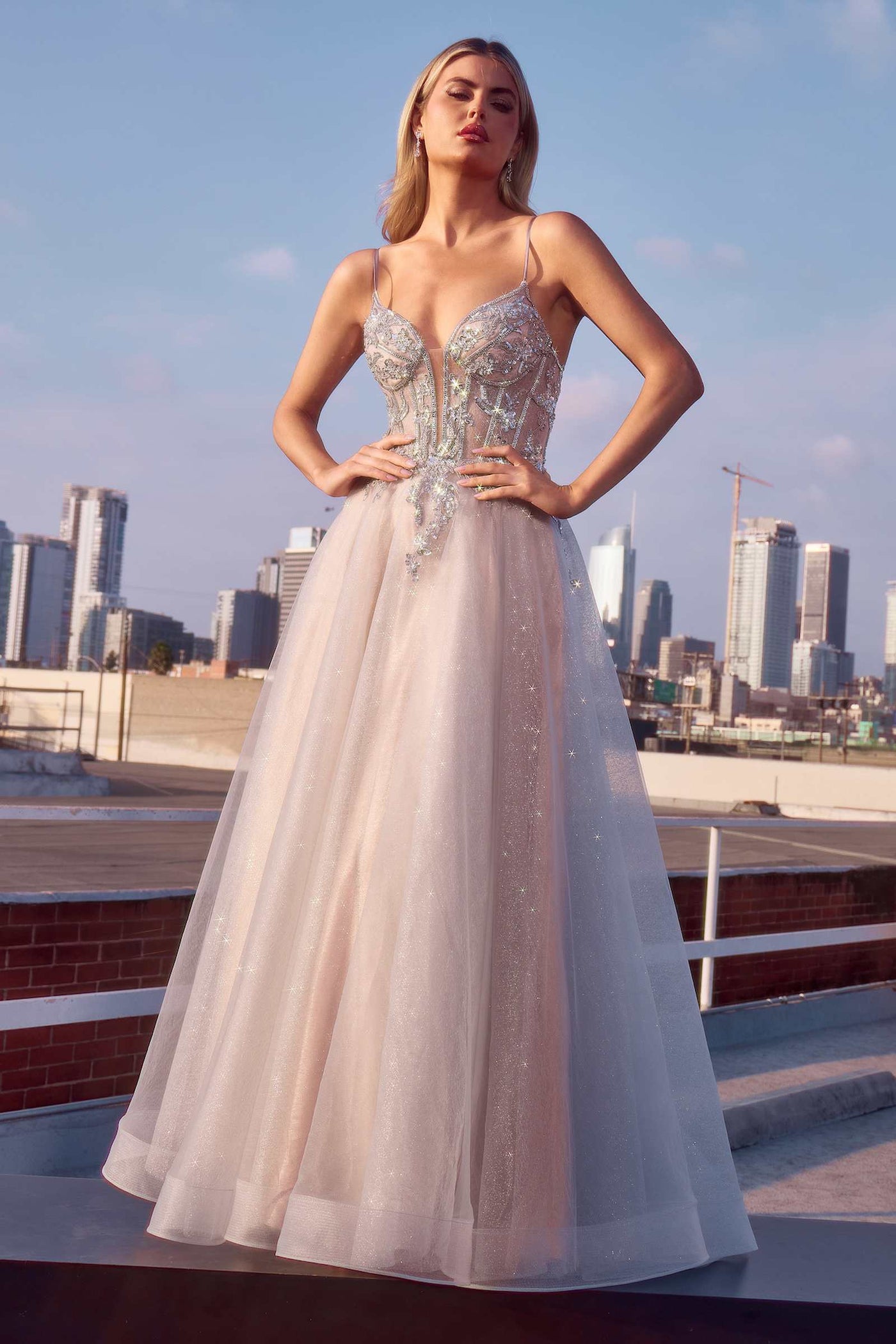 Ladivine CC0881 Dress A-Line Layered Tulle Gown & Lace Embellished Bodice - Glamourous Grace