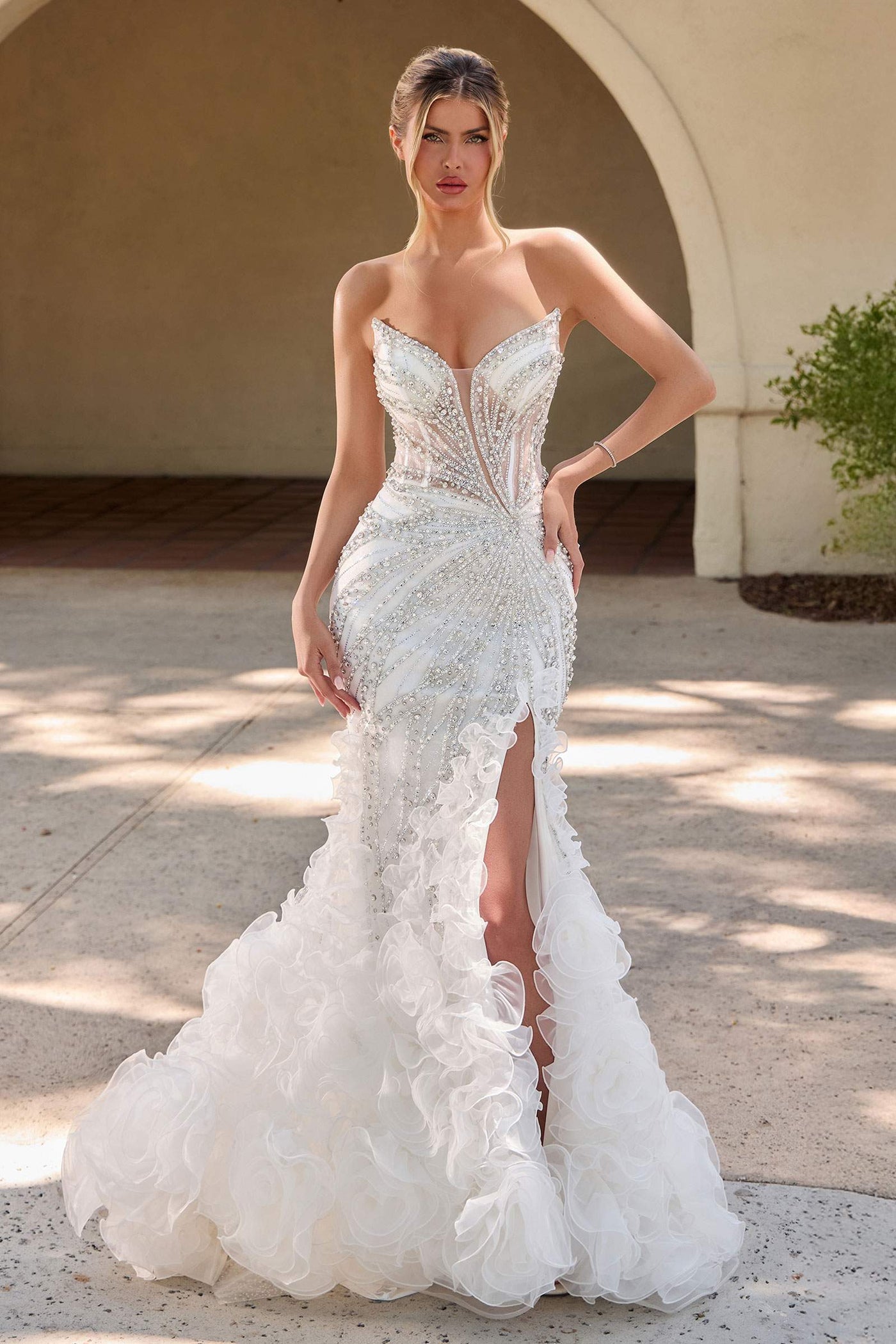 Ladivine CC2488W Plunging Neckline Fitted Mermaid Off White Gown - Glamourous Grace