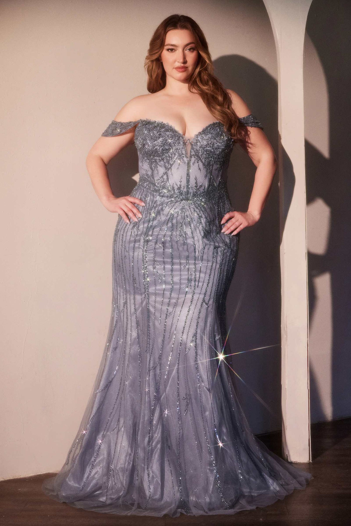 Ladivine CC341C Off The Shoulder Beaded Curve Gown - Glamourous Grace