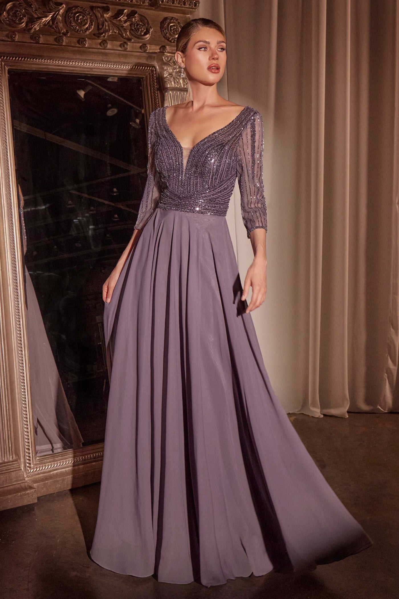 Ladivine CC446 Three Quarter Sleeve Beaded Chiffon Dress - Glamourous Grace