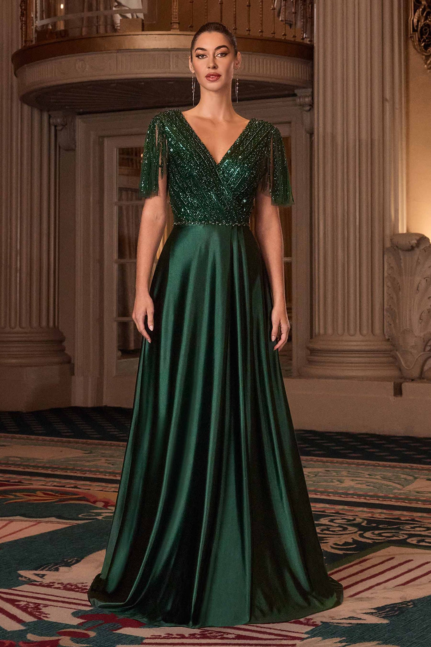 Ladivine CC447 Flutter Sleeves V-Neckline A-Line Satin Evening Gown - Glamourous Grace