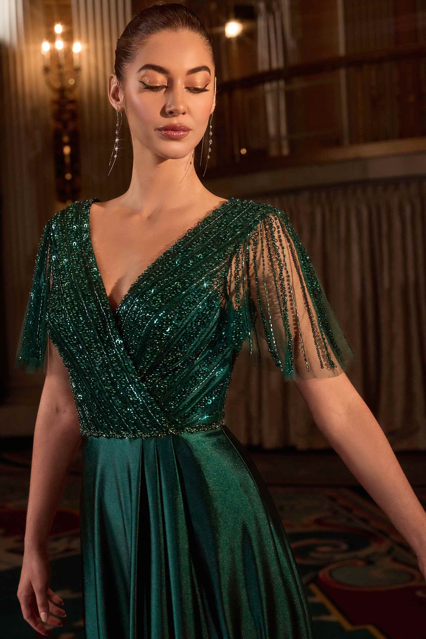 Ladivine CC447 Flutter Sleeves V-Neckline A-Line Satin Evening Gown