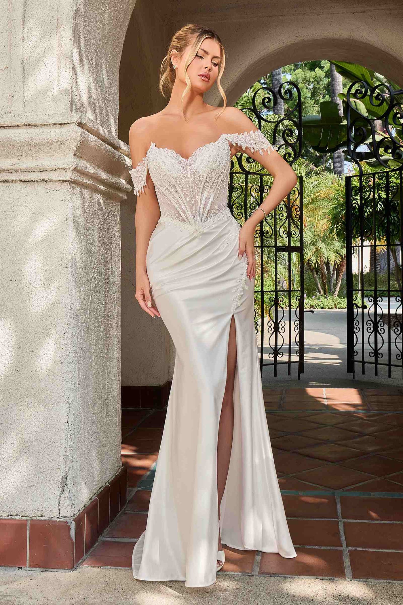 Ladivine CC456W Glitter Satin Strech Fitted Off White Evening Gown - Glamourous Grace