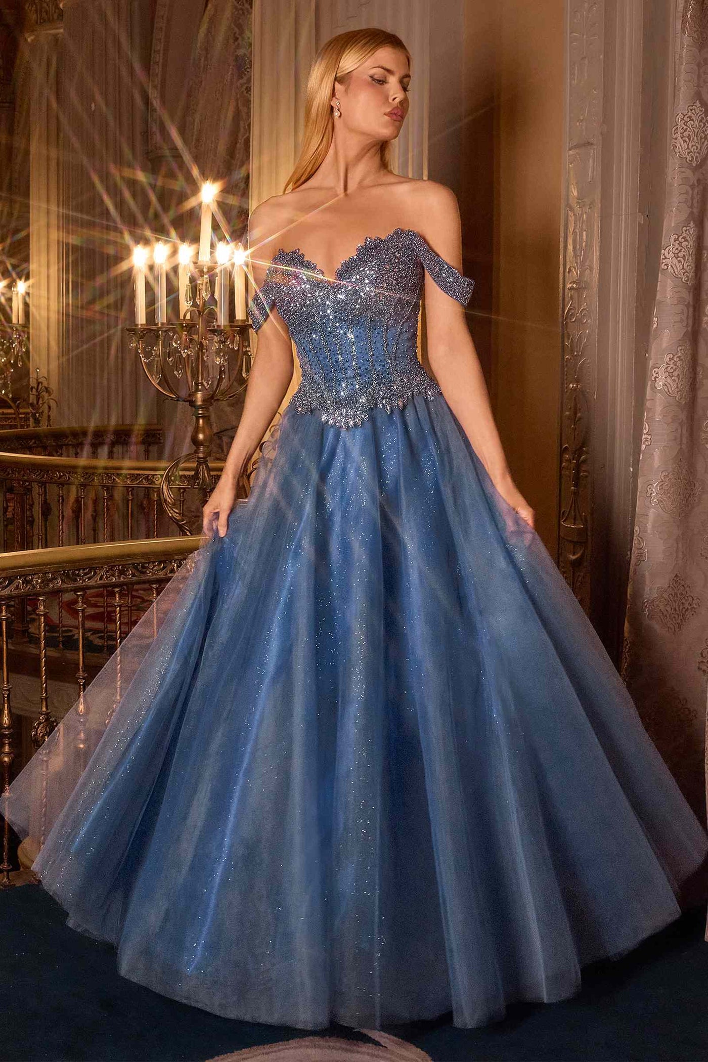 Ladivine CC471 Off Shoulder Glitter Tulle Corset Bodice A-line Ball Gown - Glamourous Grace