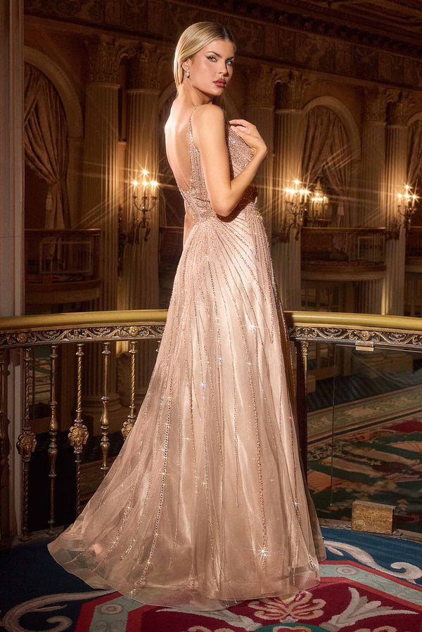 Ladivine CC474 Plunging V-Neckline Shimmering A-Line Gown - Glamourous Grace